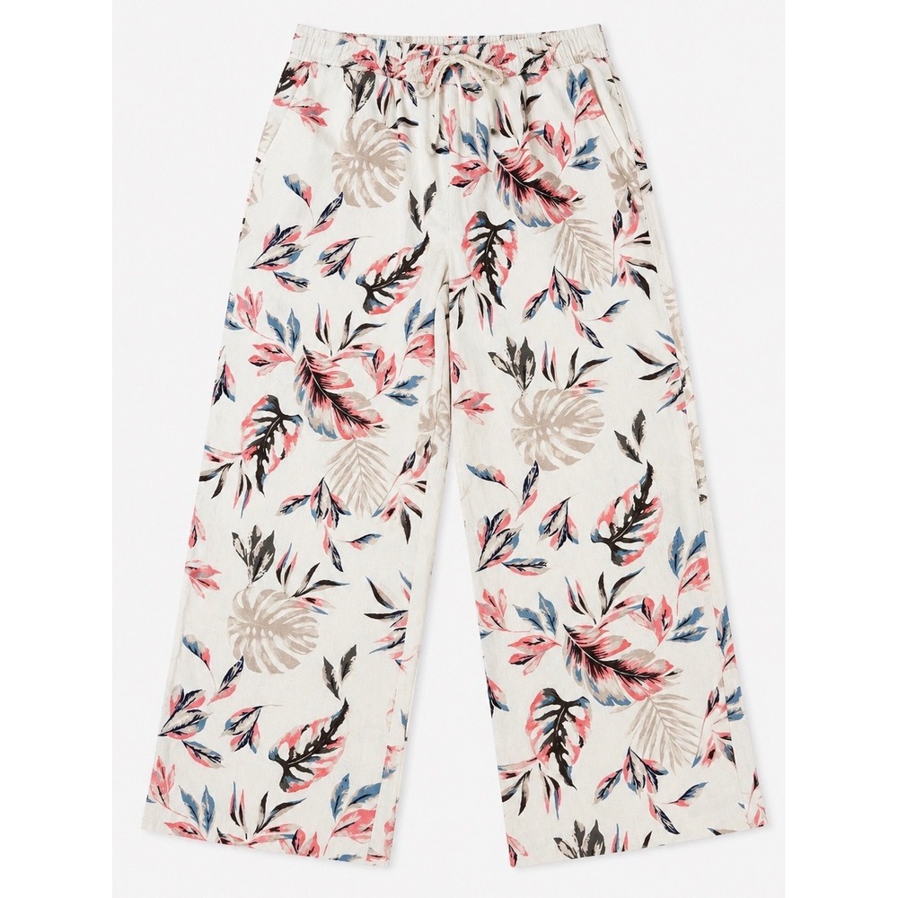Briggs Womens Tropical Palm Print Linen Blend Wide Leg Crop Pants Large Cream